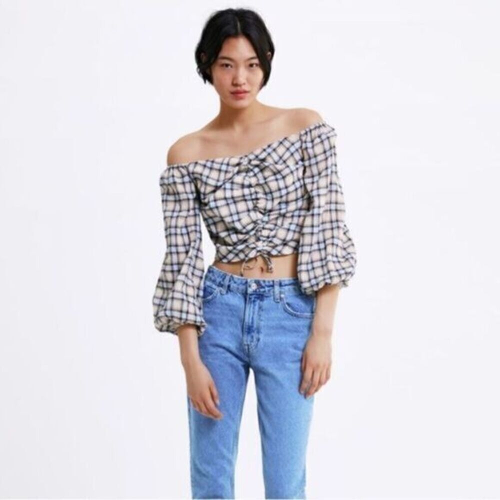 ZARA BLUE TAN PLAID BLOUSE